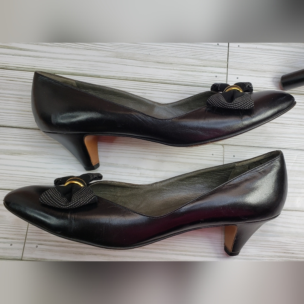 Bally Black Leather Mid Heel Pumps with Bow and Gold Accent